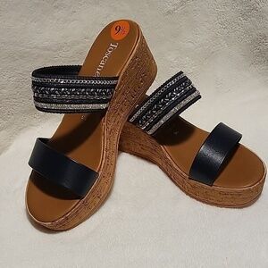Toscanella Blue Gracelin Cork 2.75" Wedge Rhinestone Made In Italy Sandal Sz 9.5